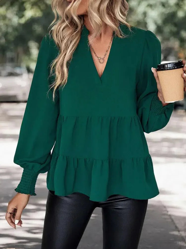 Perfee Notched Neck Lantern Sleeve Blouse - Update AvenueTrendsi1001011344565081001011344565082f11696a8c2945b7bcbd50caa0412c0a - MaxGreen