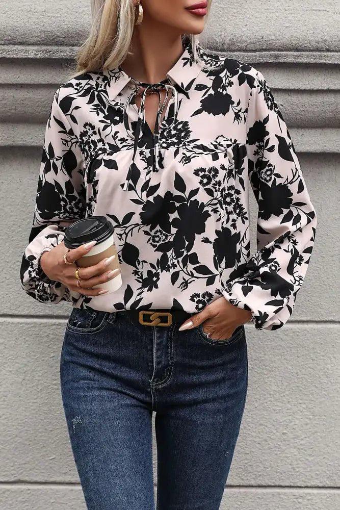 Perfee Printed Tie Neck Balloon Sleeve Blouse - Update AvenueTrendsi1001013421071331001013421071335b087734d14a4df4bedf57c87b01d21b - MaxCream