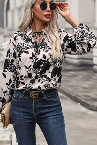 Perfee Printed Tie Neck Balloon Sleeve Blouse - Update AvenueTrendsi1001013421071331001013421071332a86fae9915b4b4b85b080da537a7258 - MaxCream