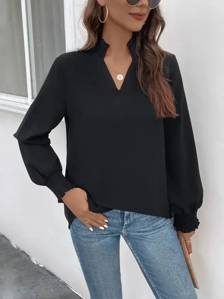Perfee Smocked Notched Long Sleeve Blouse - Update AvenueTrendsi1001010822701551001010822701552f1143184a014f158dbfd5303dea2180 - MaxBlack