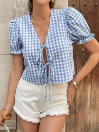 Perfee Tie Front Plaid Puff Sleeve Top - Update AvenueTrendsi100100003801592100100003801592ac83cfe4 - 60f3 - 4b55 - 8729 - 1a794cf30ad9 - MaxLight Blue