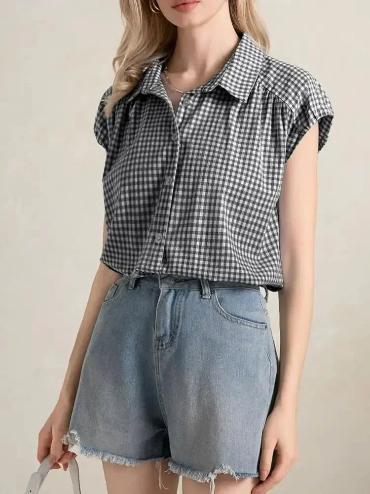 Plaid Button Up Cap Sleeve Shirt - Update AvenueTrendsi10010087021116710010087021116783221063 - 9d82 - 44d4 - 99fb - 96f0bfe5f340 - Max - OriginBlack