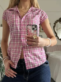 Plaid Cap Sleeve Button - Up Shirt - Update AvenueTrendsi10010080102811610010080102811619c1eae57cd740349dbd3ef3617077ae - Max - OriginPink
