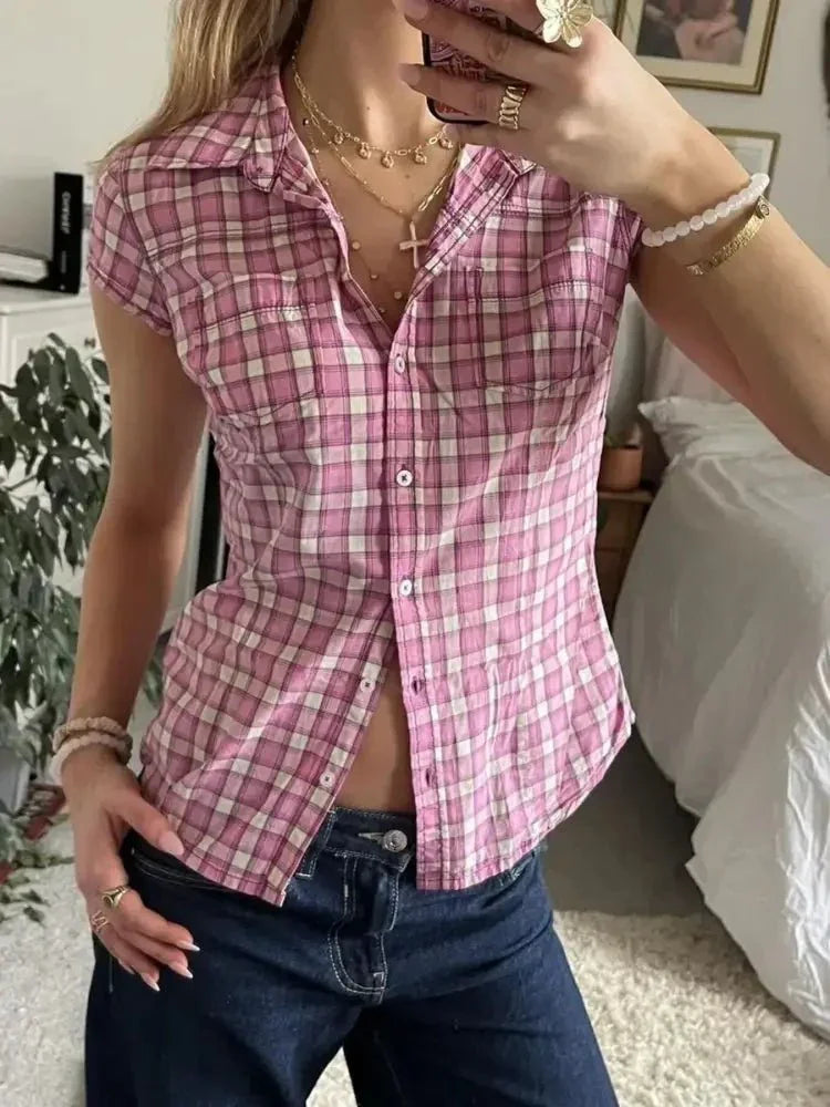 Plaid Cap Sleeve Button - Up Shirt - Update AvenueTrendsi10010080102811610010080102811651060ef060784079860d54918edd5756 - Max - OriginPink