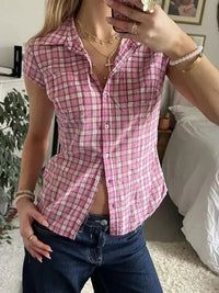 Plaid Cap Sleeve Button - Up Shirt - Update AvenueTrendsi10010080102811610010080102811651060ef060784079860d54918edd5756 - Max - OriginPink