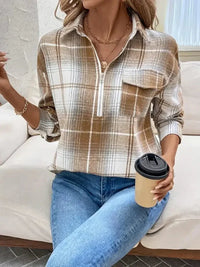 Plaid Collared Neck Half Zip Long Sleeve Top - Update AvenueTrendsi1001008260638591001008260638595af050e4 - 3d14 - 4fa0 - b770 - 40a163f1d760 - MaxCamel