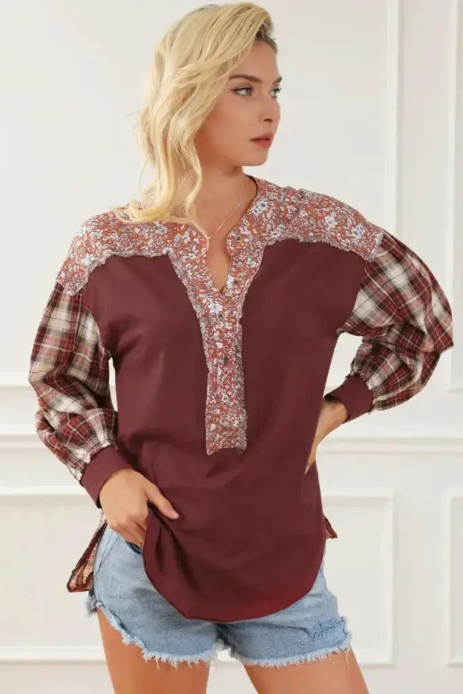 Plaid Notched Neck Slit Blouse - Update AvenueTrendsi100101493916154100101493916154efc75049d6a74ebe832ab2ccac8981cf - MaxBurgundy