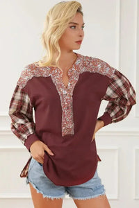 Plaid Notched Neck Slit Blouse - Update AvenueTrendsi100101493916154100101493916154efc75049d6a74ebe832ab2ccac8981cf - MaxBurgundy