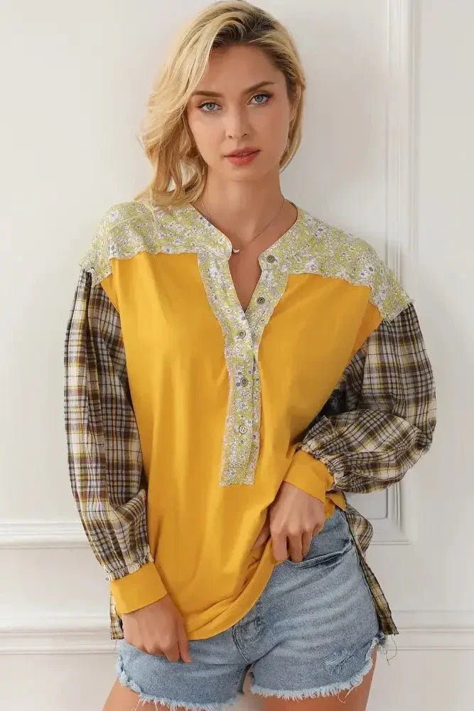 Plaid Notched Neck Slit Blouse - Update AvenueTrendsi10010149391844210010149391844297163c8e142f4e6592eee8ecdbcdddd7 - MaxYellow