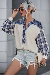 Plaid Notched Neck Slit Blouse - Update AvenueTrendsi100101493919099100101493919099bda412de179640338498b8b6b4250b2c - MaxBeige