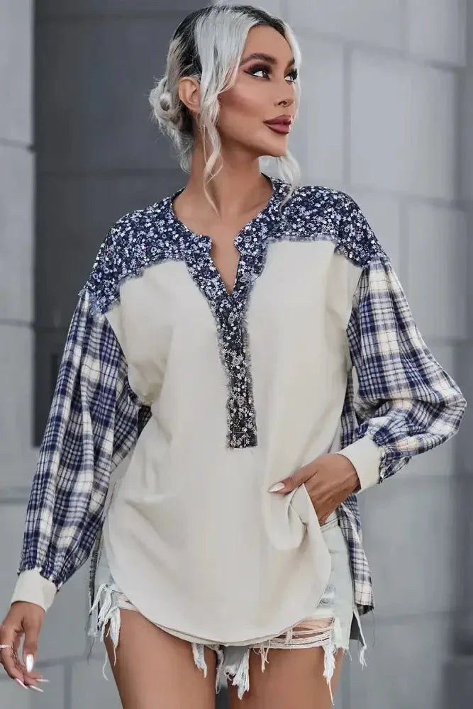 Plaid Notched Neck Slit Blouse - Update AvenueTrendsi10010149391909910010149391909938b009d752384b1dbc000e013b592fd9 - MaxBeige