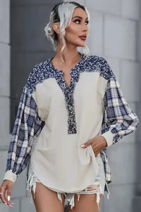Plaid Notched Neck Slit Blouse - Update AvenueTrendsi10010149391909910010149391909938b009d752384b1dbc000e013b592fd9 - MaxBeige