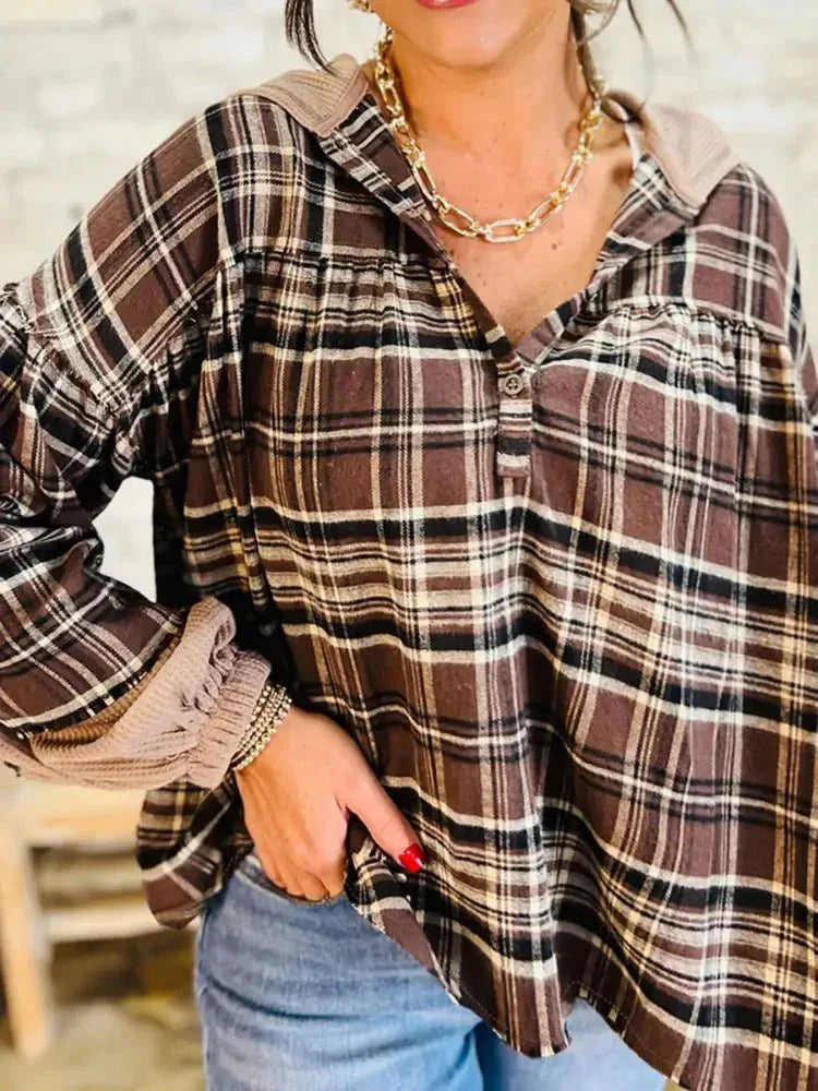 Plaid Patchwork Long Sleeve Hooded Top - Update AvenueTrendsi100100465776479100100465776479bf511372779147448728bd91104fcfe9 - Max - OriginBrown