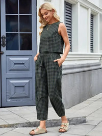 Plaid Sleeveless Top and Pants Set - Update AvenueTrendsi1001000455226481001000455226488448cf30 - 34bc - 47a9 - b2c6 - 8b5fad384c57 - MaxDark Green