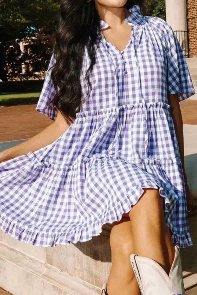Plaid Tie Neck Short Sleeve Babydoll Mini Dress - Update AvenueTrendsi1001008929972441001008929972443dc78ec0 - ac6a - 4a49 - 9d4c - aaced6847ada - MaxLavender