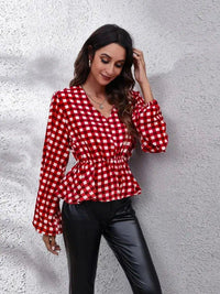 Plaid V - Neck Balloon Sleeve Peplum Blouse - Update AvenueTrendsi100101924761947100101924761947dd61ea30fe4a4f26959e80caee34e63e - MaxDeep Red