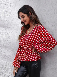 Plaid V - Neck Balloon Sleeve Peplum Blouse - Update AvenueTrendsi1001019247619471001019247619477056b7245b3d44b995171b9a069a149e - MaxDeep Red
