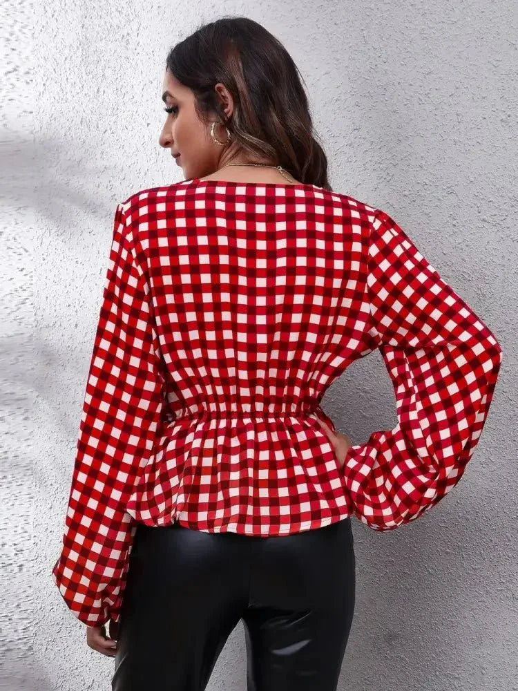 Plaid V - Neck Balloon Sleeve Peplum Blouse - Update AvenueTrendsi100101924761947100101924761947854f4b56ba864cc3a744e8e4aaeaea71 - MaxDeep Red