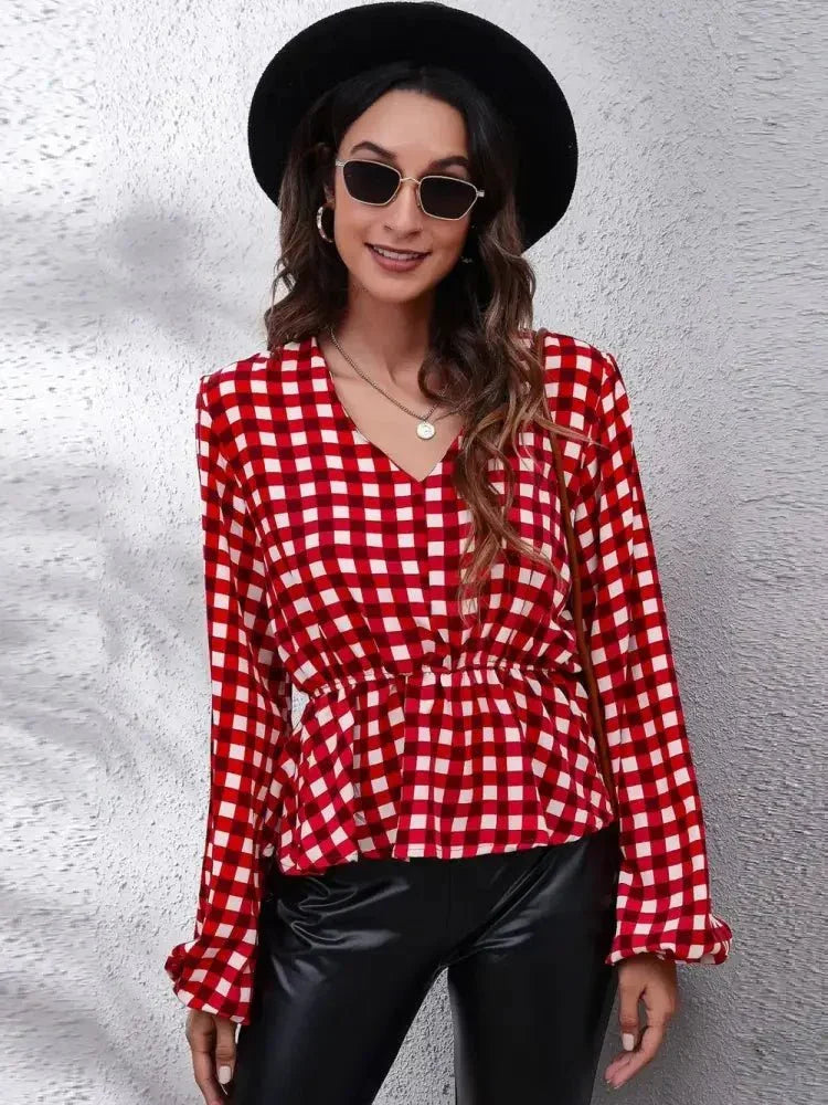 Plaid V - Neck Balloon Sleeve Peplum Blouse - Update AvenueTrendsi1001019247619471001019247619476b94e67d09f64abfb3c7eb9b4ac8aa6c - MaxDeep Red