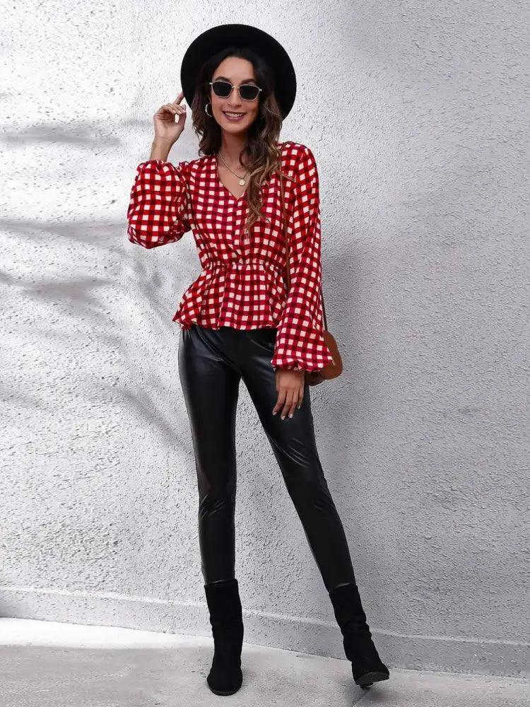 Plaid V - Neck Balloon Sleeve Peplum Blouse - Update AvenueTrendsi1001019247619471001019247619470f6000f6de5a4d77a69639b8701a5e8c - MaxDeep Red