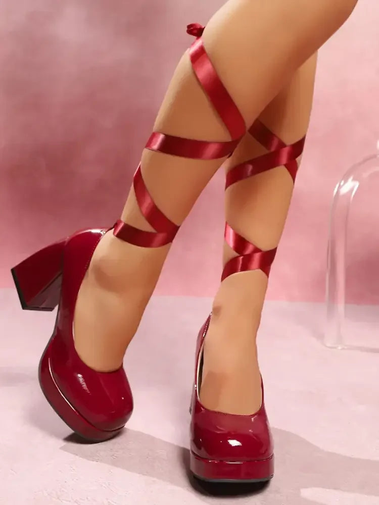 Platform Block Heel Pumps with Ankle Wrap Straps