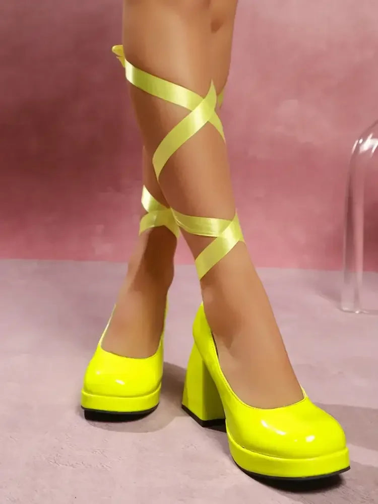 Platform Block Heel Pumps with Ankle Wrap Straps