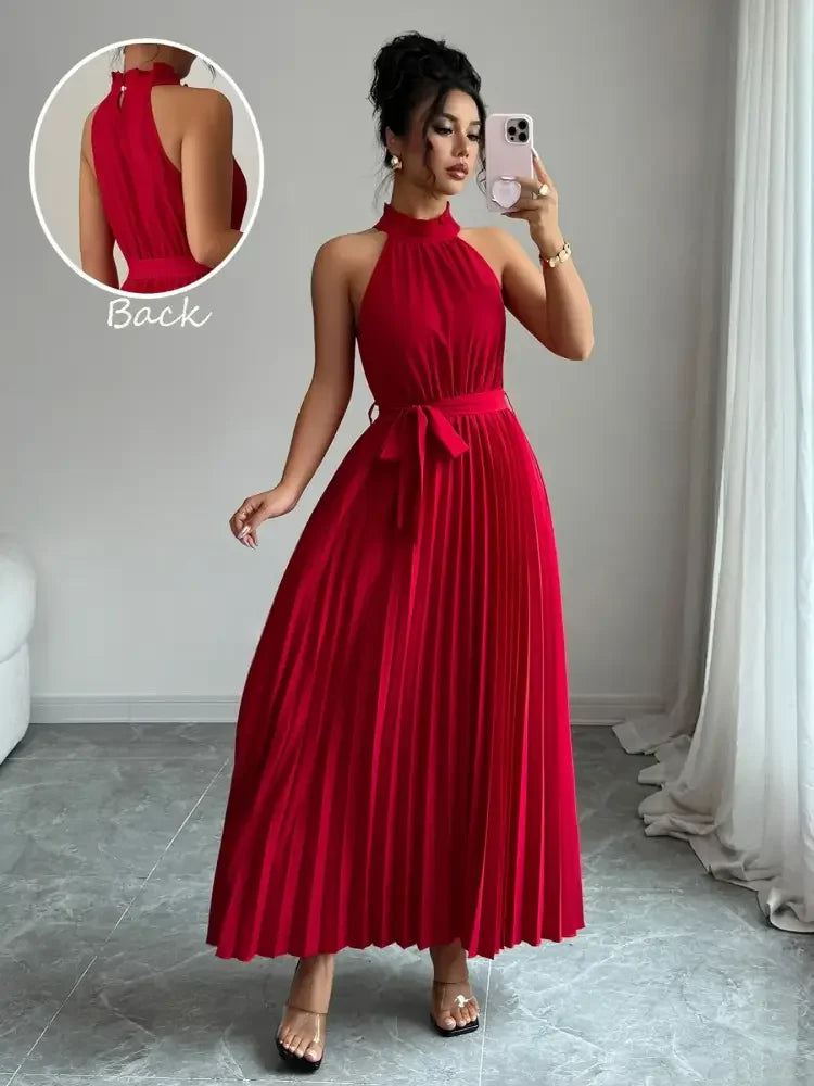 Pleated Halter Neck Tie Waist Maxi Dress