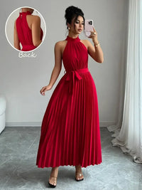 Pleated Halter Neck Tie Waist Maxi Dress