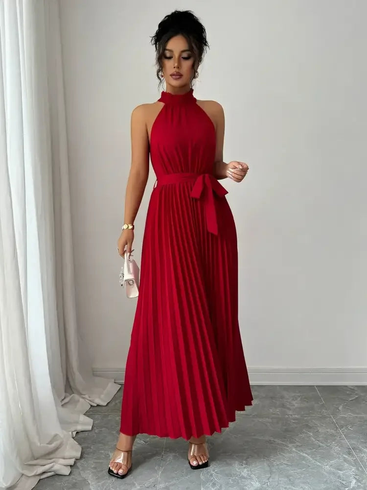Pleated Halter Neck Tie Waist Maxi Dress
