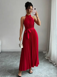 Pleated Halter Neck Tie Waist Maxi Dress