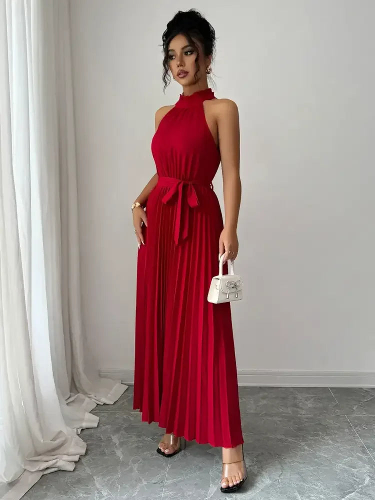 Pleated Halter Neck Tie Waist Maxi Dress