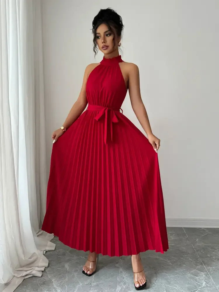 Pleated Halter Neck Tie Waist Maxi Dress