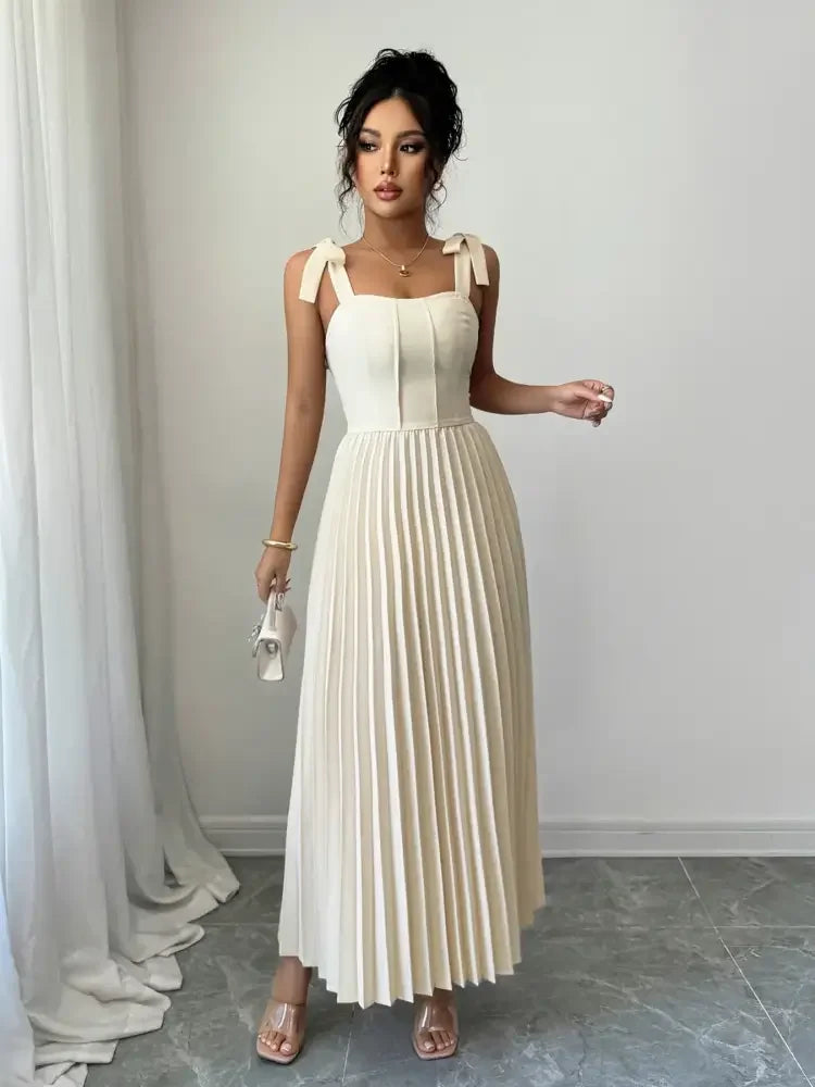 Pleated Tie-Shoulder Maxi Dress
