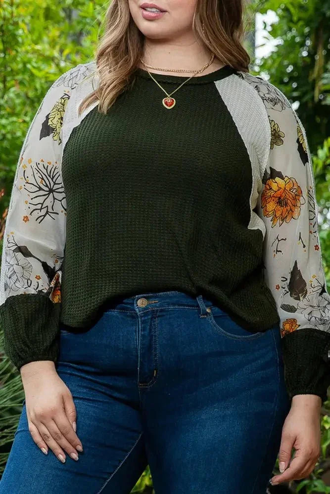 Plus Size Floral Waffle - Knit Round Neck Blouse - Update AvenueTrendsi10010172364464810010172364464810ad866d9b5d4290aabf23a6ba049d6c - MaxArmy Green