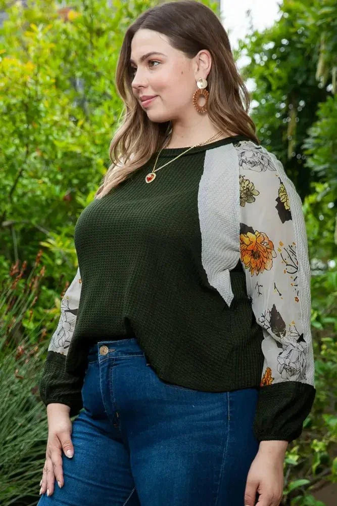 Plus Size Floral Waffle - Knit Round Neck Blouse - Update AvenueTrendsi100101723644648100101723644648636bf727afc7448dbeb3e447cb39921c - MaxArmy Green