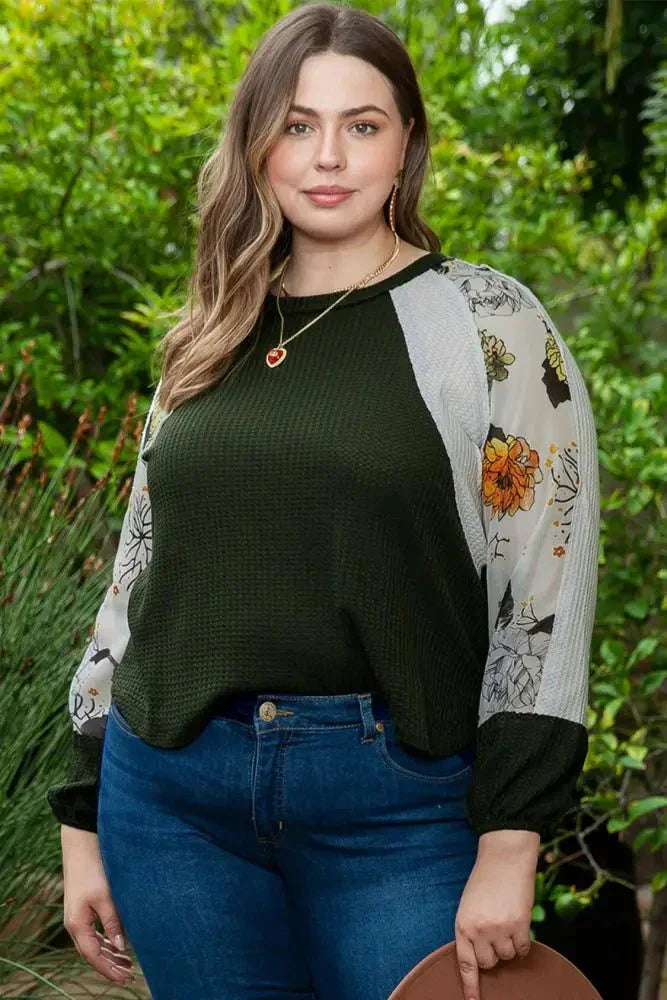Plus Size Floral Waffle - Knit Round Neck Blouse - Update AvenueTrendsi1001017236446481001017236446480612151cceba47c1ac152d32e7371109 - MaxArmy Green