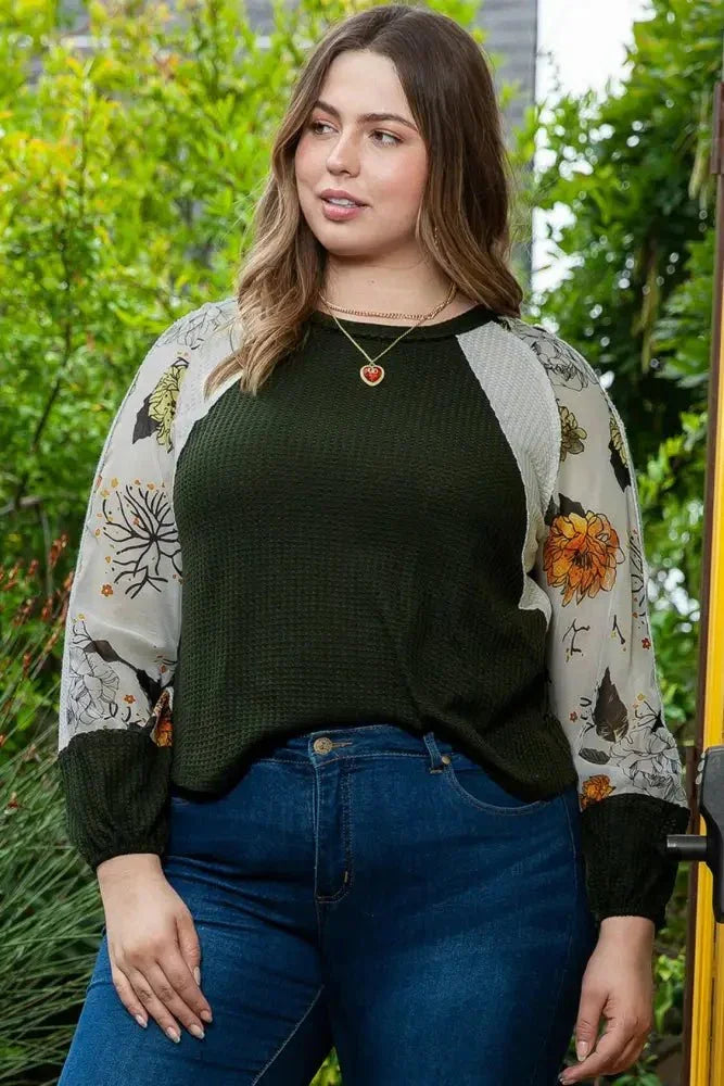 Plus Size Floral Waffle - Knit Round Neck Blouse - Update AvenueTrendsi10010172364464810010172364464805c9bb874b8c463696bc84f38c85f49a - MaxArmy Green
