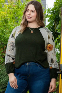 Plus Size Floral Waffle - Knit Round Neck Blouse - Update AvenueTrendsi10010172364464810010172364464805c9bb874b8c463696bc84f38c85f49a - MaxArmy Green