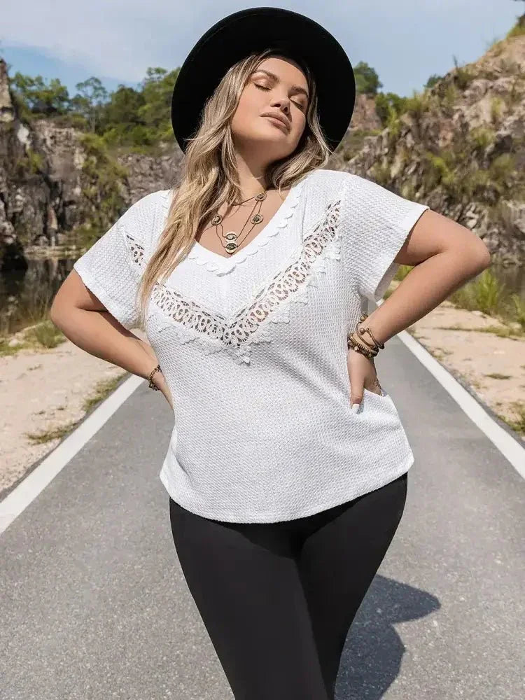 Plus Size Lace Detail V - Neck Short Sleeve Blouse - Update AvenueTrendsi1001016126128951001016126128958b7f7d9e40684b878c8c515c6a843a2f - MaxWhite