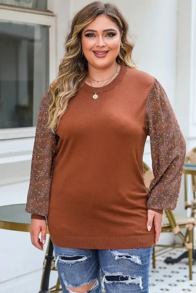 Plus Size Printed Dropped Shoulder Round Neck Blouse - Update AvenueTrendsi100101467525313100101467525313b6d4f13f6ff34fe7a3d923495415eaa6 - MaxBrown