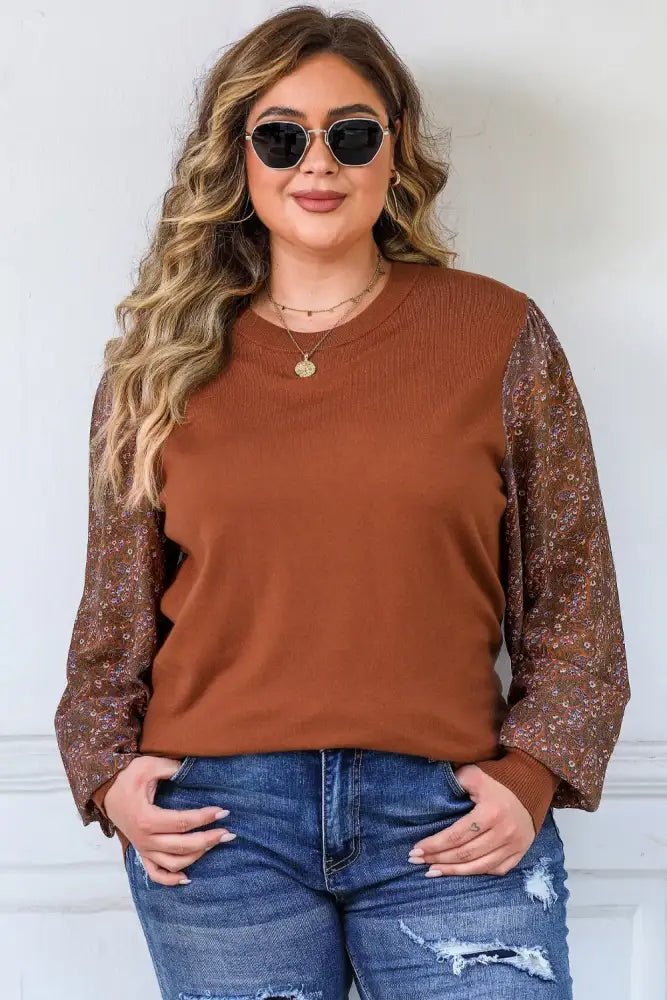 Plus Size Printed Dropped Shoulder Round Neck Blouse - Update AvenueTrendsi100101467525313100101467525313c352997702844fc6b1dc94e9757daf0e - MaxBrown