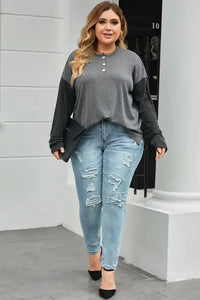 Plus Size Round Neck Long Sleeve Buttoned Blouse - Update AvenueTrendsi100101591206991100101591206991aee3fe5bf8aa42e3ad988571f4be1674 - MaxDark Gray