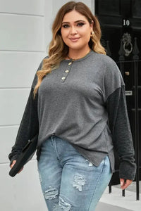 Plus Size Round Neck Long Sleeve Buttoned Blouse - Update AvenueTrendsi100101591206991100101591206991aabd8715b8fe4ea79aa021a96304c852 - MaxDark Gray