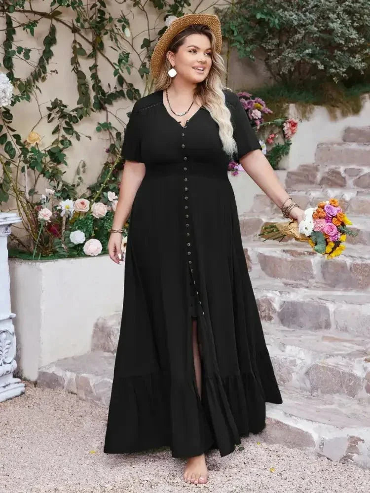 Plus Size Ruffled Hem Button Down V - Neck Short Sleeve Maxi Dress - Update AvenueFestival VibesTrendsi10010082317119010010082317119083ba53db - b81c - 41ec - aa00 - bdf8c05f3165 - MaxBlack