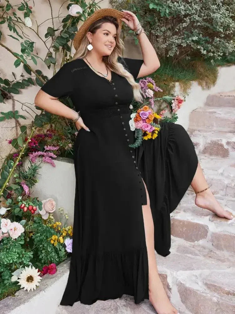 Plus Size Ruffled Hem Button Down V - Neck Short Sleeve Maxi Dress - Update AvenueFestival VibesTrendsi1001008231711901001008231711906331d380 - e0e9 - 490c - 8232 - 6c2965c9440f - MaxBlack