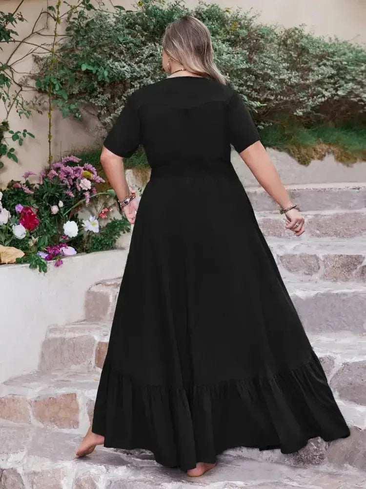 Plus Size Ruffled Hem Button Down V - Neck Short Sleeve Maxi Dress - Update AvenueFestival VibesTrendsi100100823171190100100823171190d60e1c7c - 753c - 4804 - 9551 - d386066f6b4b - MaxBlack