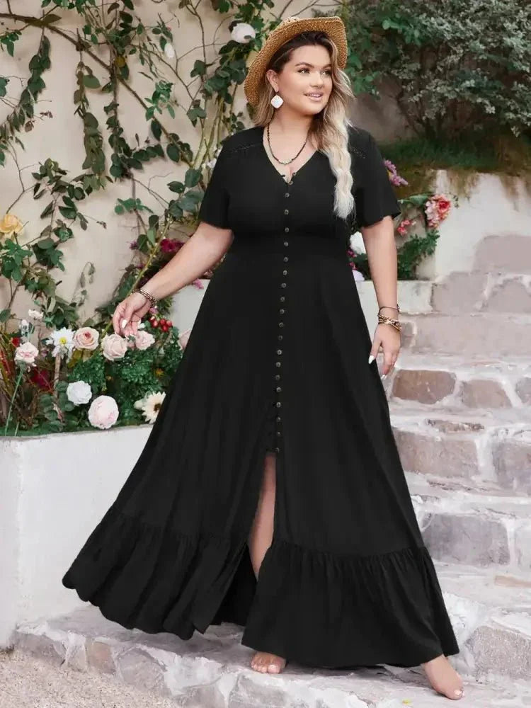 Plus Size Ruffled Hem Button Down V - Neck Short Sleeve Maxi Dress - Update AvenueFestival VibesTrendsi1001008231711901001008231711906197431e - 2ef6 - 460b - bcdc - 97cf93b45b07 - MaxBlack