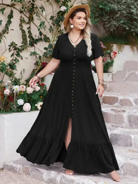 Plus Size Ruffled Hem Button Down V - Neck Short Sleeve Maxi Dress - Update AvenueFestival VibesTrendsi1001008231711901001008231711906197431e - 2ef6 - 460b - bcdc - 97cf93b45b07 - MaxBlack