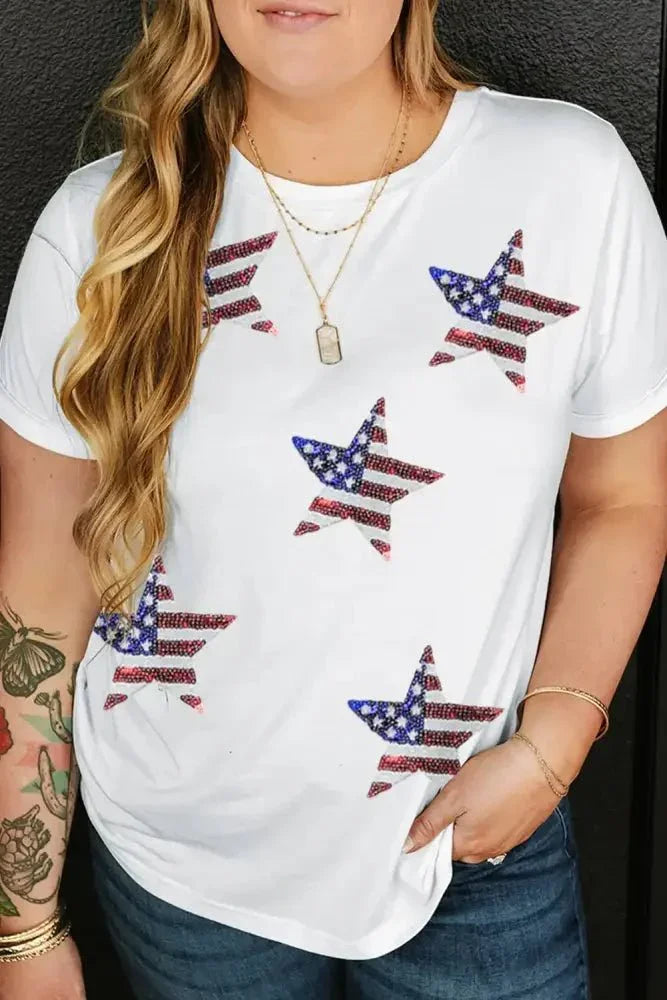 Plus Size Sequin Star Round Neck Short Sleeve T-Shirt - Update AvenueHonor the Stars and StripesTrendsi1001001237810091001001237810092ba0bb10 - 97f7 - 4166 - 8a20 - a6581a9d79e7 - MaxWhite