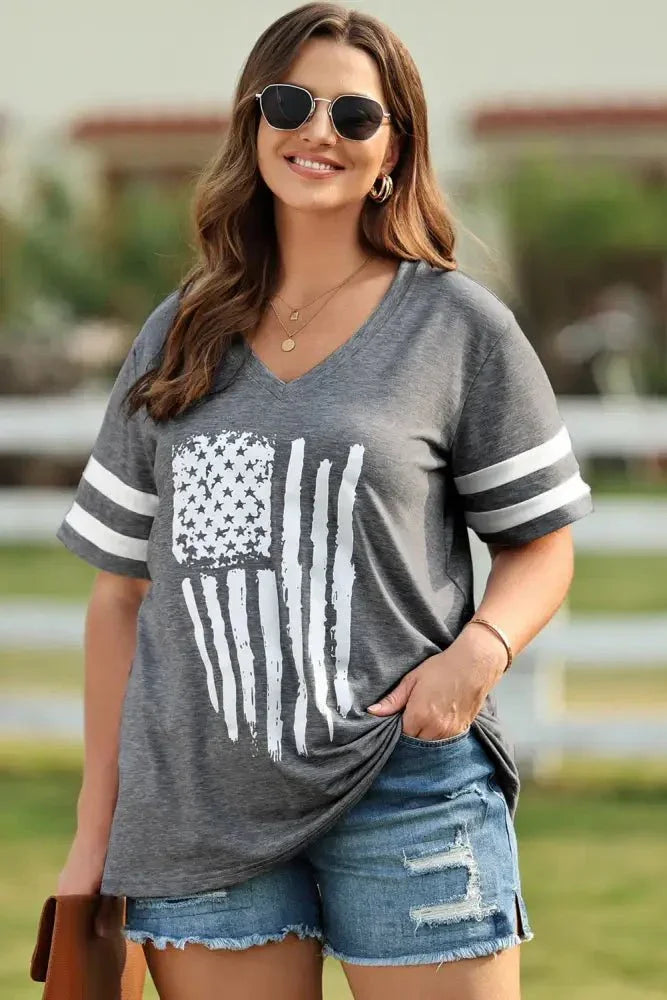 Plus Size US Flag Graphic V - Neck Tee - Update AvenueHonor the Stars and StripesTrendsi1001015522192941001015522192943d50aba9fc2d4c778b7898b374351841 - MaxDark Gray